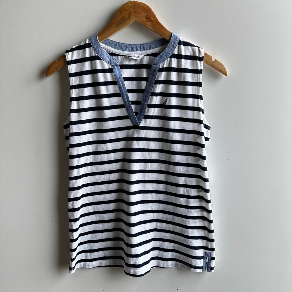 Nautica Striped Tank Top Sleeveless V-Neck Casual Summer  Small‎ NWOT